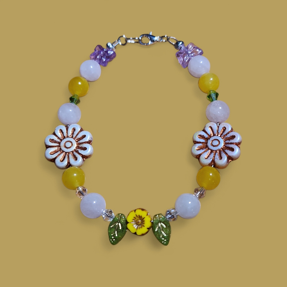 Handcrafted Floral Czech And Gemstone Beaded Bracelet